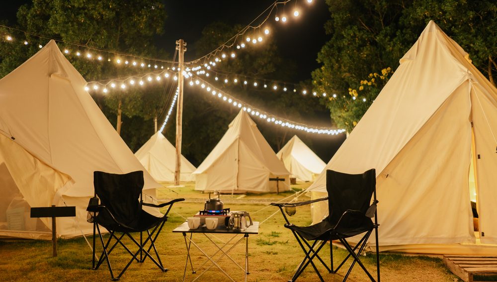 Group,Outdoor,Camping,Teepee,Tent,And,Night,Light,With,Two